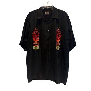 Vintage Mens Black Embroidered Flames Mask Button Up Camp Shirt Large No Contest